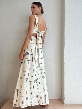 Commense Cream Tropical Print Linen Maxi Dress